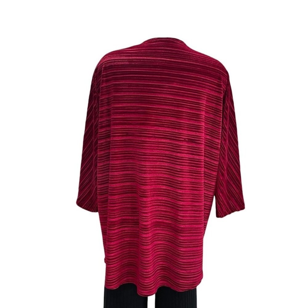 Red Velvet Striped Oversized Open Front Cardigan Kimono M Lightweight Boho Chic - Picture 6 of 8